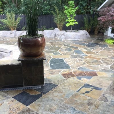 Stone patio with plant in ceramic pot and landscaped garden.