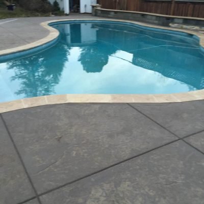 Curved backyard swimming pool at twilight.