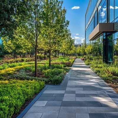 Lush urban garden path beside modern glass building